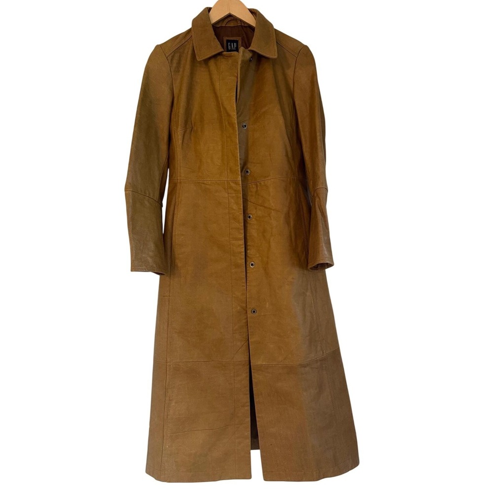 VTG Gap 2001 Genuine‎ Leather Long Trench Coat Duster Jacket Tan Brown Women's S